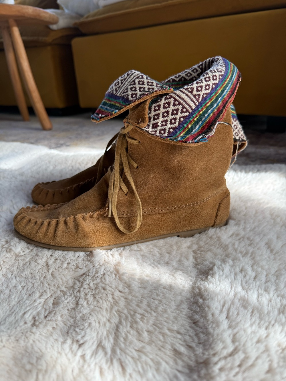 Steve Madden Tan Suede Moccasin Boot with Multicolor Patterned Cuff